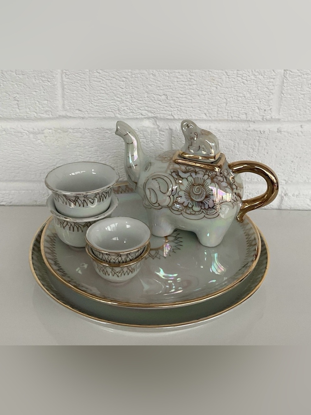 Vintage Elephant Tea Sake Set Hand Painted Lusterware 8 Pc Unmarked